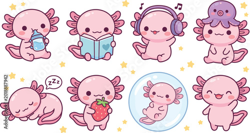 Vector illustration of cute cartoon axolotl characters in playful poses representing kawaii animal and lifestyle themes