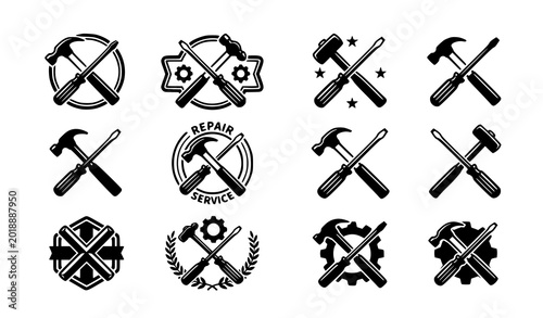 Foto Black and white crossed hammer and screwdriver icon set repair tools vector illu
