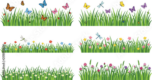 Bilde på lerret Vector illustration of decorative grass strips with flowers and insects represen