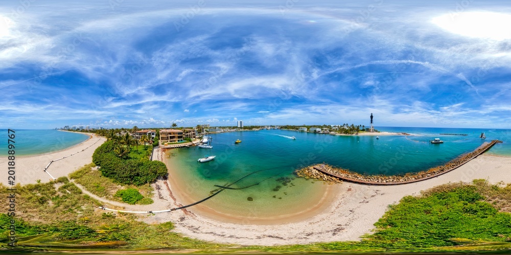 Fototapeta premium Rock jetty at the Hillsboro Inlet aerial 360 equirectangular vr photo