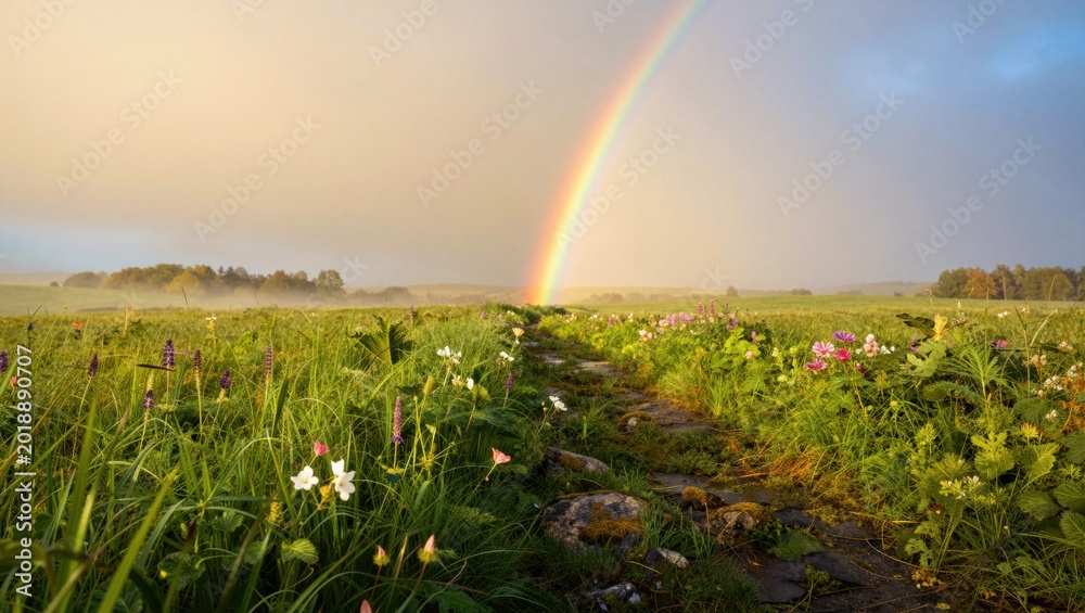 Fototapeta premium Flower meadow leading to vivid rainbow over grassy field
