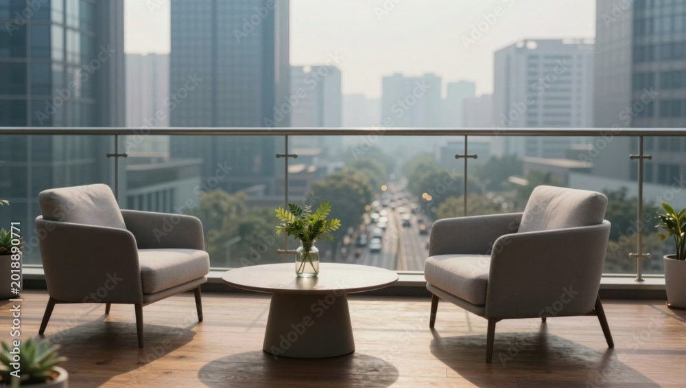 Obraz premium Two armchairs positioned on balcony overlooking city street