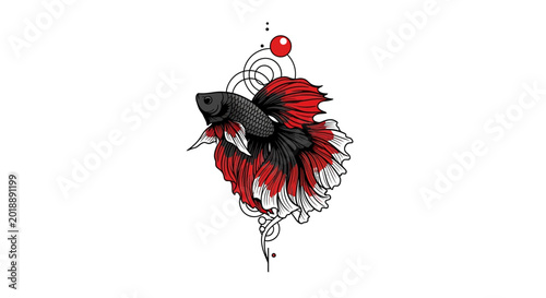 Betta Fish Tattoo Design Illustration, Siamese Fighting Fish, Red Black White