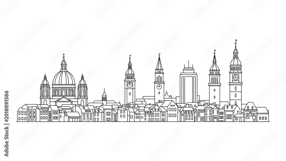 Obraz premium Detailed hand drawn sketch of a classic European city skyline.