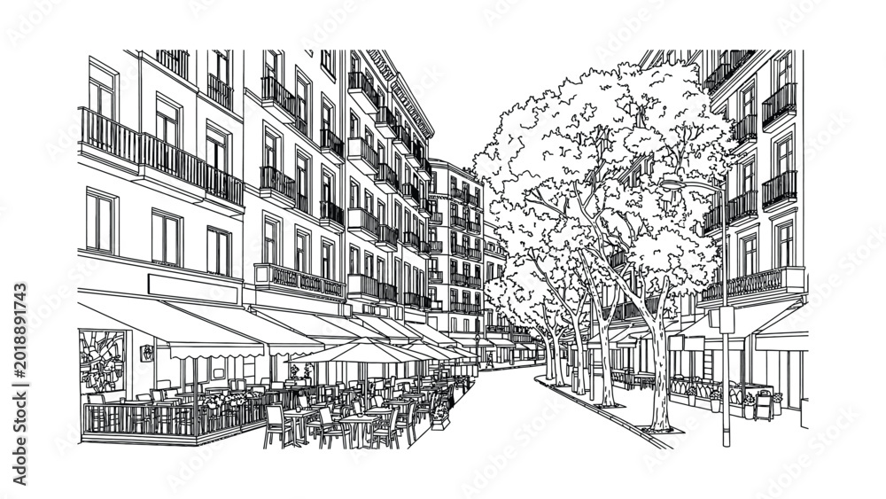 Obraz premium Hand drawn architectural sketch of a European city street with outdoor cafe seating.