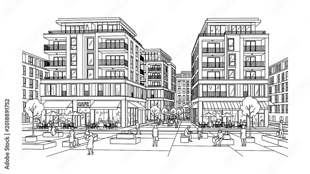 Obraz premium Architectural Sketch of a Modern Urban Mixed Use Development Complex.