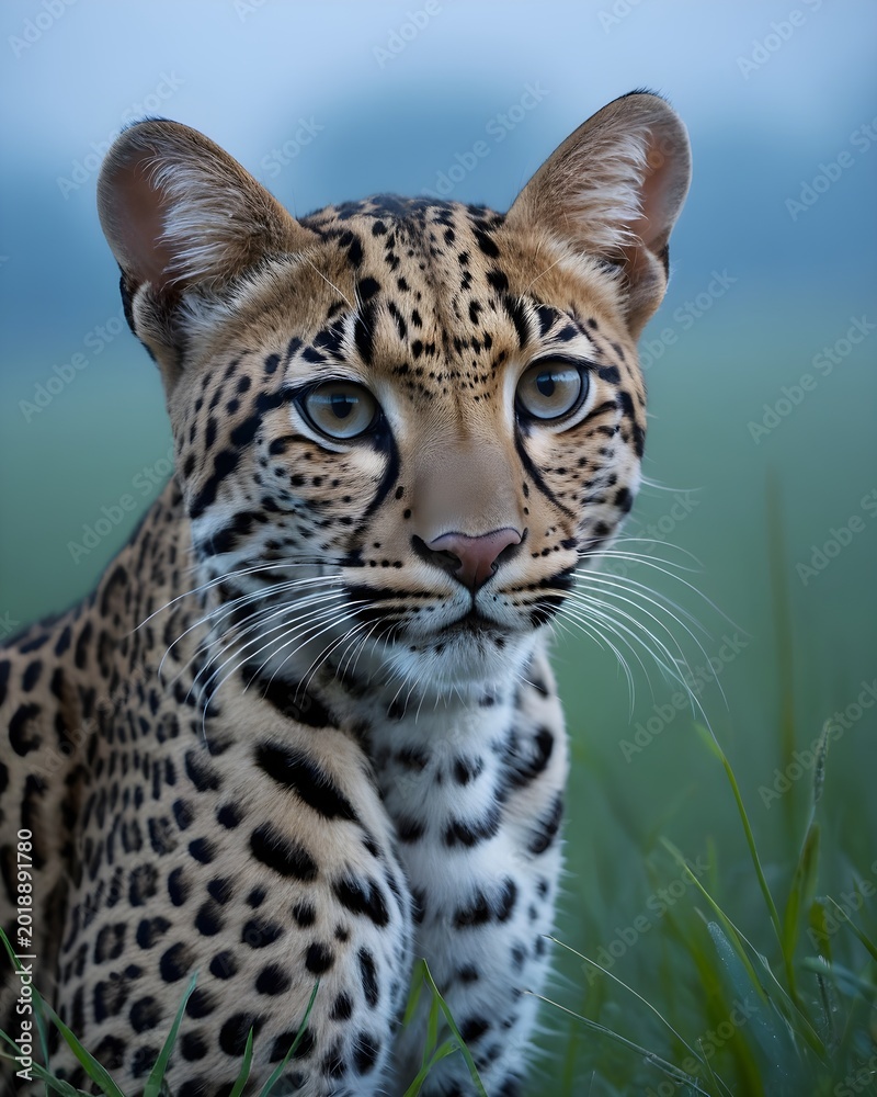 Fototapeta premium A almond tone Oncilla , northern tiger cat genetic hybrid experiment fantasy animal, fictional species in a cosmic meadow