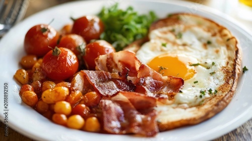 Delicious Full English Breakfast with Fried Egg Bacon Beans and Tomatoes.
