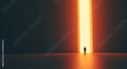 Silhouette of a lone man standing before a bright, glowing doorway, symbolizing opportunity, new beginnings, and a path forward in a minimalist, abstract setting. 3D render.