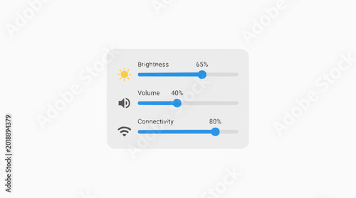 Digital Control Panel: A modern user interface graphic, presenting a control panel.  This interface has indicators for essential settings such as brightness, volume, and connectivity levels. 