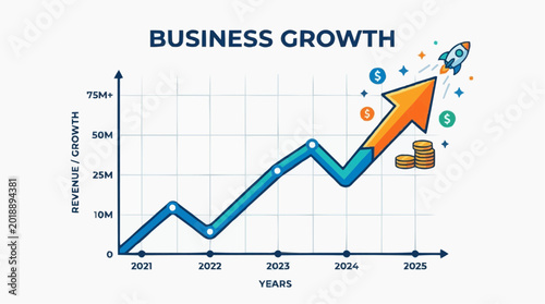 Business Growth Chart: An illustrative depiction of business revenue trajectory, visualized through an upward trending chart, accompanied by a rocket ship symbol.