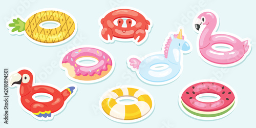 Cute inflatable swim ring sticker set with tropical pool floats