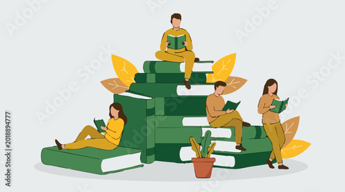 Photos People reading books on large stacks, representing education and knowledge