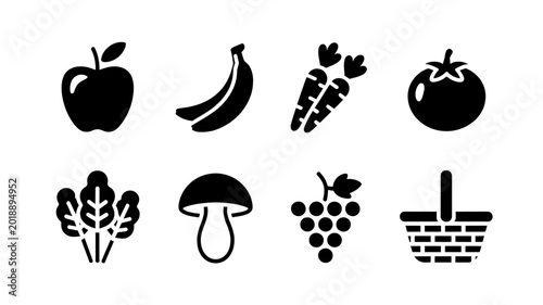 A set of fruit and vegetable illustrations arranged in two rows on a white surface