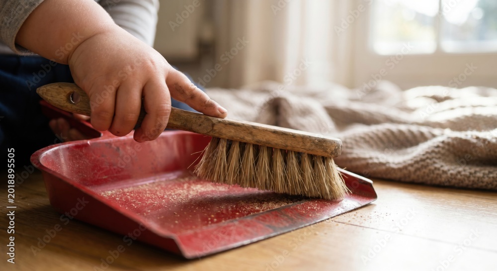 Obraz premium Toddler using wooden brush and red dustpan to sweep sawdust