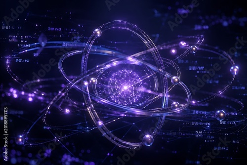 Atomic structure model glowing purple and blue digital rendering with orbiting particles