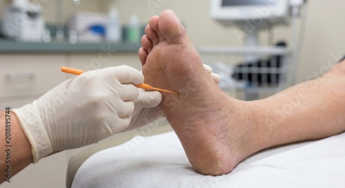 Podiatrist conducting diabetic foot sensitivity exam