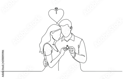 Photos Continuous line drawing of a man on one knee proposing to a woman, offering a ring in a small box, depicted with a minimalist, romantic, and elegant