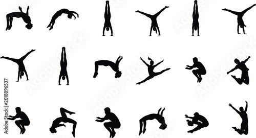 Fotografie Gymnast and acrobatic human silhouette collection featuring jumping handstand fl