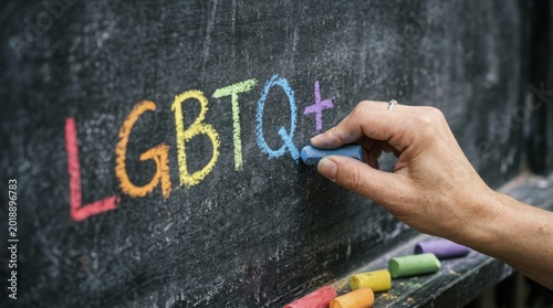 Person writing LGBTQ plus with colorful chalk on a blackboard