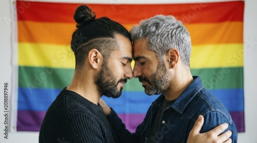 Two loving men standing together with foreheads touching in front of rainbow pride flag