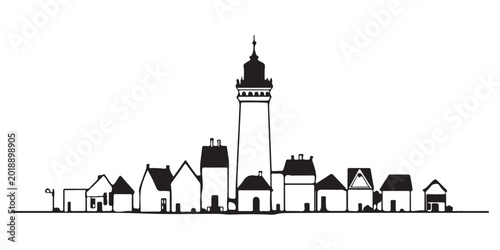 Old European Style Village Hand Drawn Sketch Minimal Black Ink Illustration on white background.