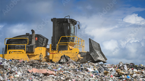 Foto Heavy industrial machinery working at a large landfill site