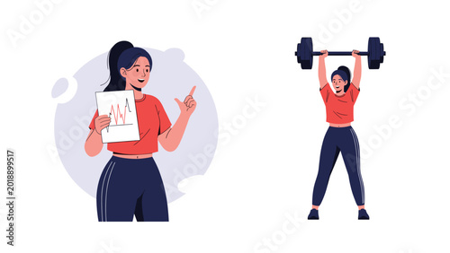 Female fitness trainer holding a progress chart points toward a woman who is successfully lifting a heavy barbell in a gym.