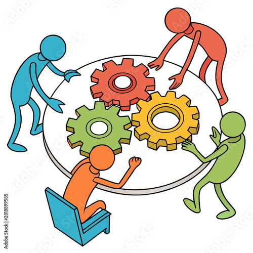 vector illustration of stick figures working around colorful gears high quality