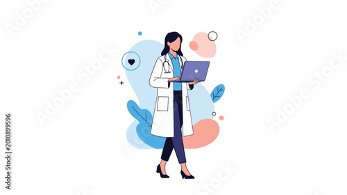 Female doctor in a white lab coat walks confidently while using her laptop computer against a background of medical icons.