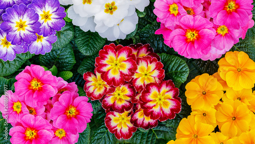 Obraz na plátně Various colored primroses in a garden arranged in a circular pattern under brigh
