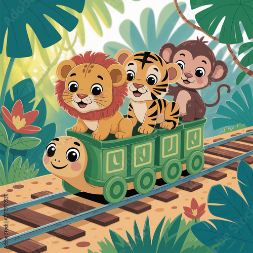 Cute safari animal train playful cartoon adventure