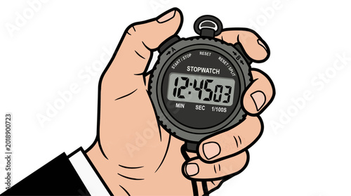 Hand holding a stopwatch displaying 12 45 03 minutes seconds and hundredths of a second for sports championship tournament 2026 trend