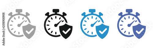 Stopwatch with shield and check mark in grey black blue and purple for security and time protection.
