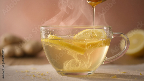 Lemon tea with honey drizzling into steaming glass cup