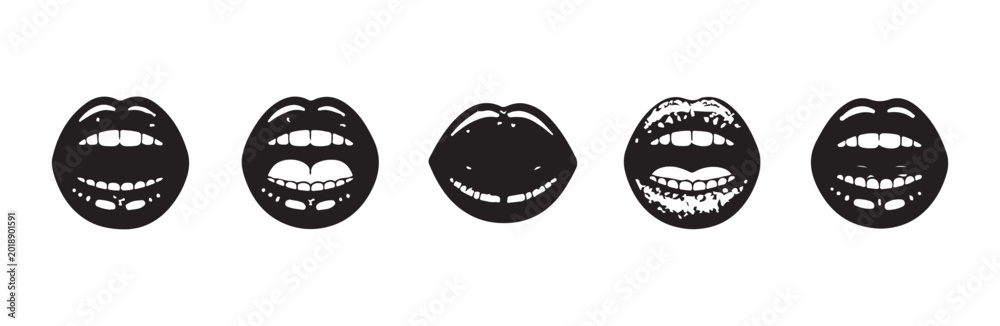 Obraz premium Set of black and white lips icons for modern graphic design.