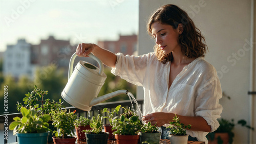 Woman watering potted plants on apartment balcony during daylight
