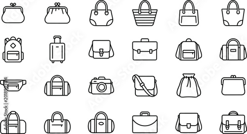 Bag and luggage icon collection featuring backpacks handbags suitcases travel accessories and fashion storage symbols