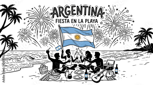 Foto Group of friends celebrating with the Argentine flag on the beach