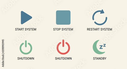 Fotografia Set of system control icons for start, stop, restart, shutdown, and standby functions