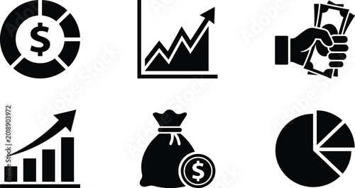 Set of business and financial icons featuring growth charts, money bags, currency symbols, and hand holding cash for professional commercial use.
