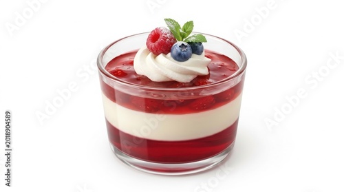 Gourmet layered panna cotta dessert, elegant berry jelly verrine with whipped cream, red raspberry and blueberry fruit parfait in glass isolated on White Background