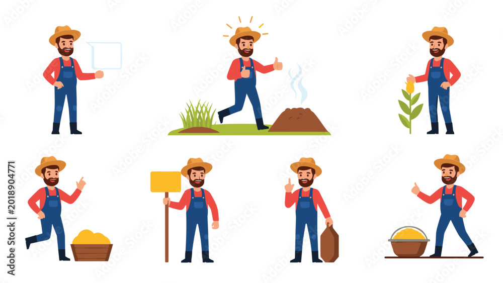 Fototapeta premium Set of male farmer character illustrations showing him working on the farm, harvesting corn, and carrying bags of grain.