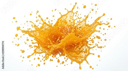 Dynamic orange juice splash with flying droplets, fresh citrus fruit liquid explosion, vibrant yellow and orange beverage spray for food packaging isolated on White Background