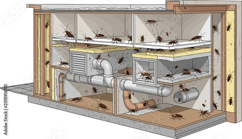 Tableau sur toile Cross section vector illustration of building structure showing severe cockroach infestation within walls vents and home foundations