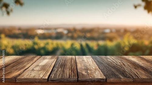 Rustic tabletop in the foreground with a gentle vineyard blur, perfect backdrop for display, marketing and winery concept visuals
