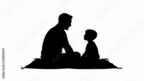 Obraz na płótnie Black silhouette, father and child sitting, family icon, people vector