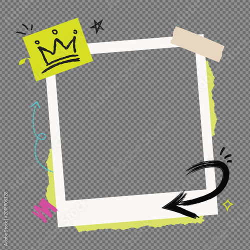 Creative polaroid photo frame with neon paper scraps, handdrawn crown, arrows, and tape elements vector illustration