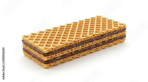 Crispy chocolate wafer biscuit, crunchy layered cocoa cream snack, golden brown textured sweet dessert bar for food packaging isolated on White Background