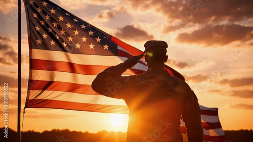 Silhouette of a uniformed soldier saluting a large American flag at sunset, backlit by dramatic clouds and golden light, evoking patriotism, honor, and military service